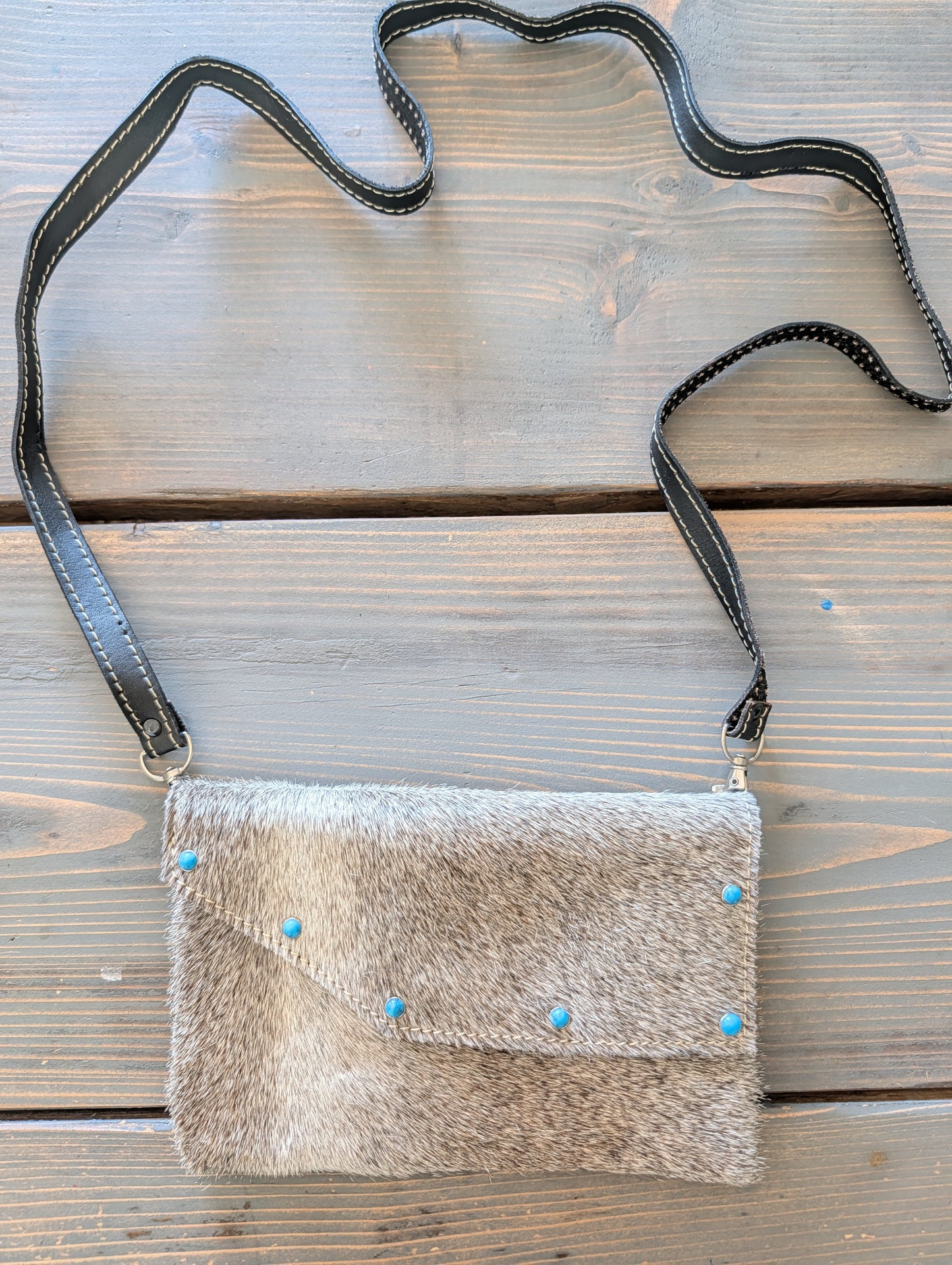 Grey & White Cowhide Crossbody Clutch