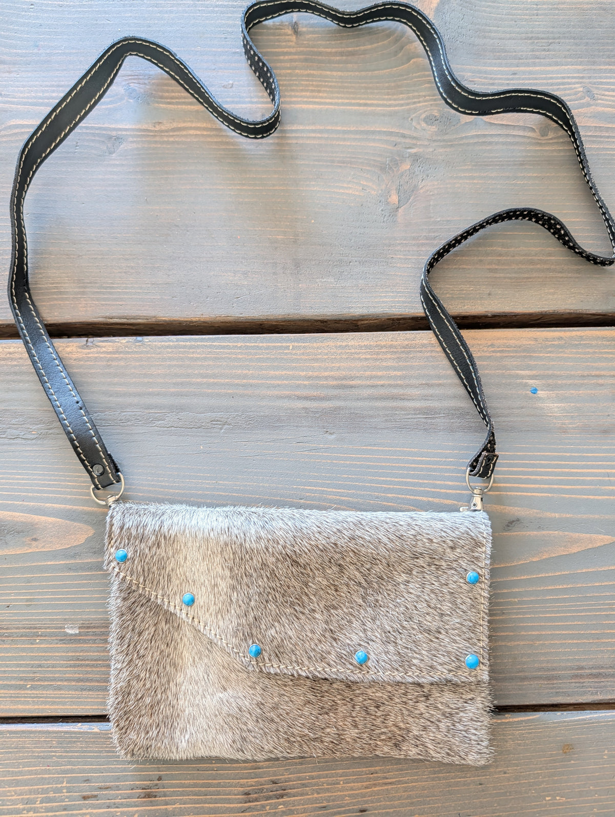 Grey & White Cowhide Crossbody Clutch