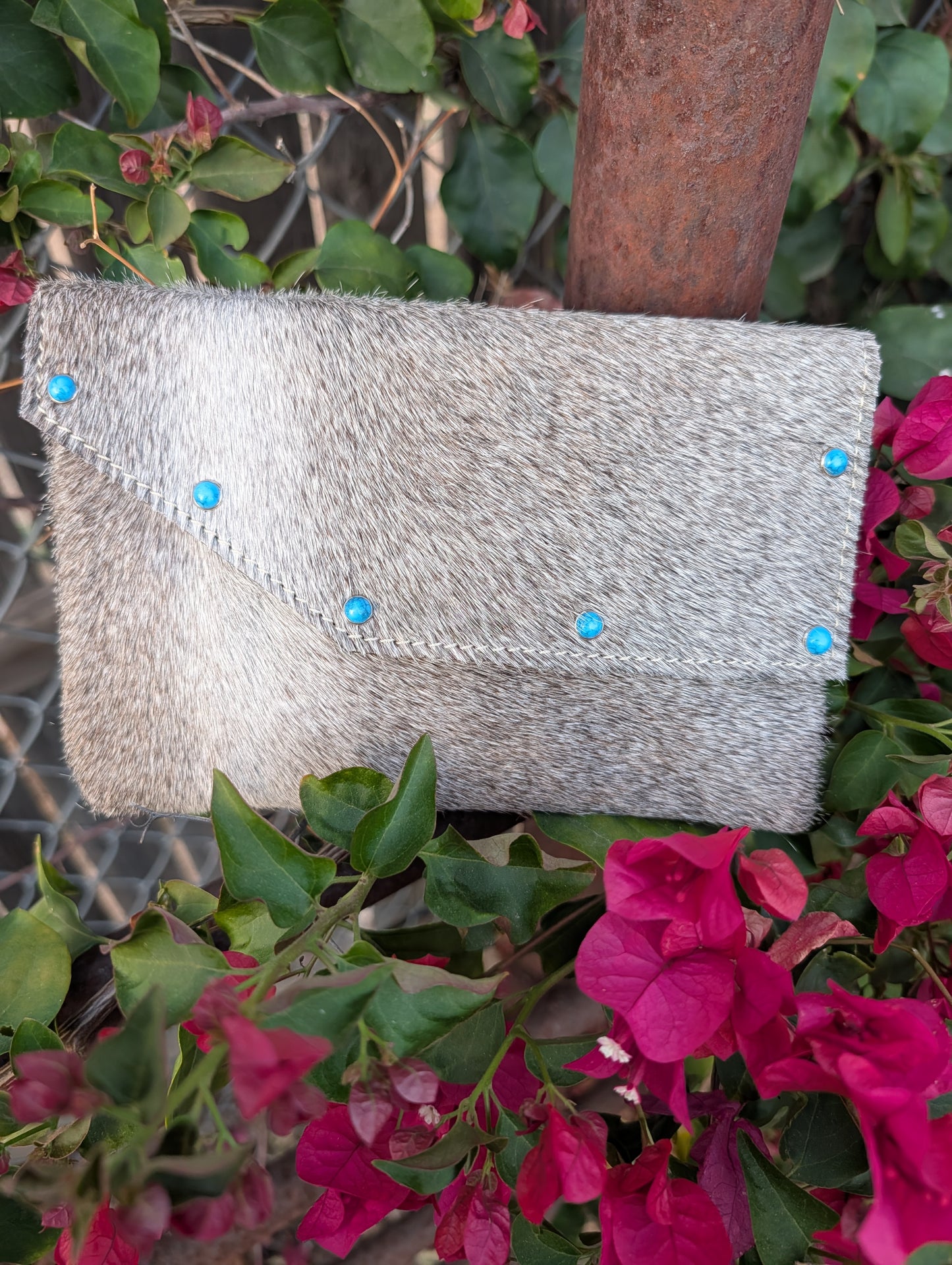 Grey & White Cowhide Crossbody Clutch